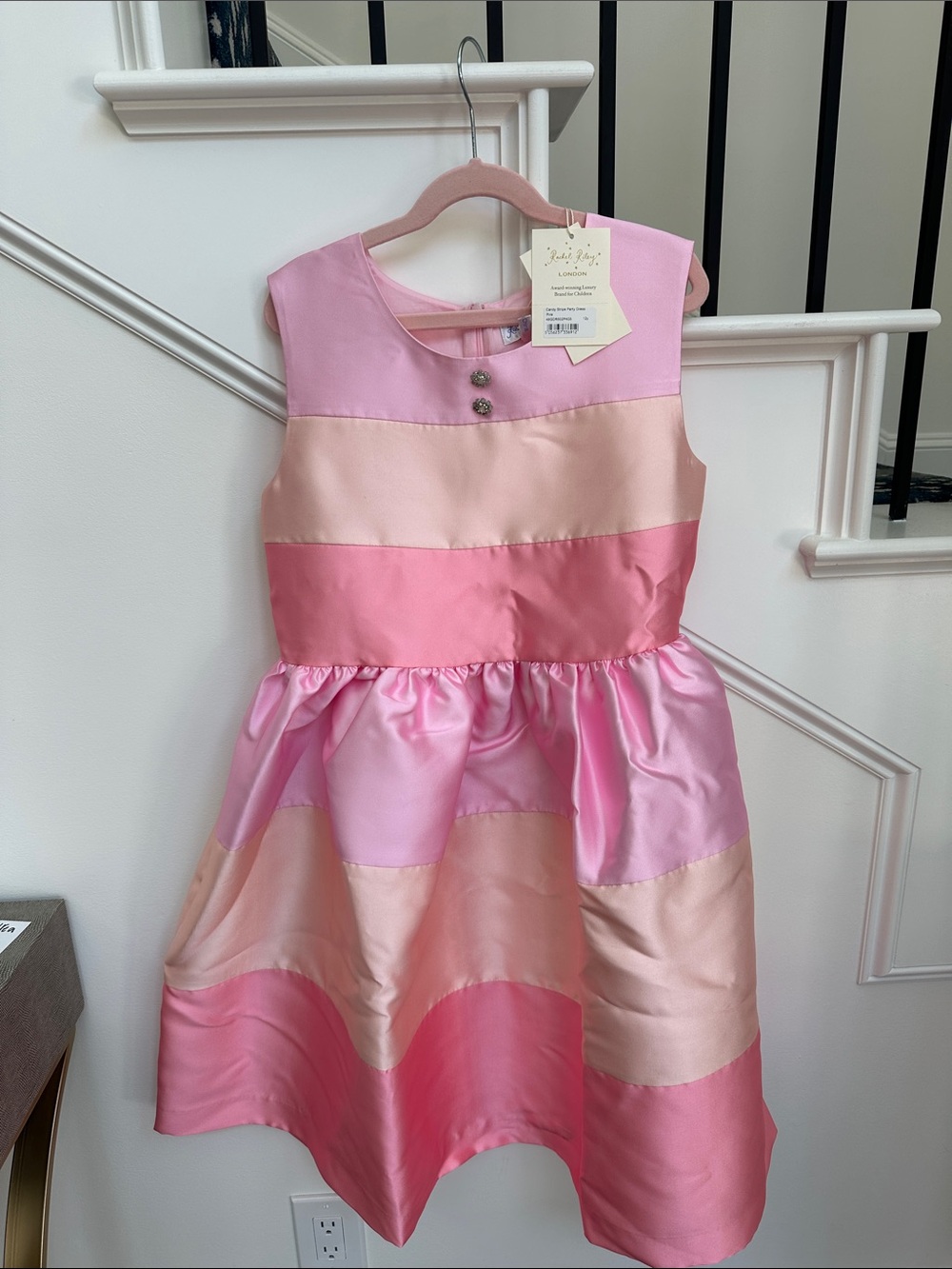 Rachel Riley Pink and Cream Satin Stripe Party Dress - Picture 5 of 6